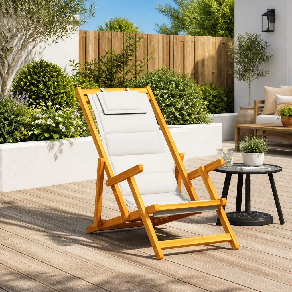 Grey Acacia Wood Folding Beach Chair with Armrests
