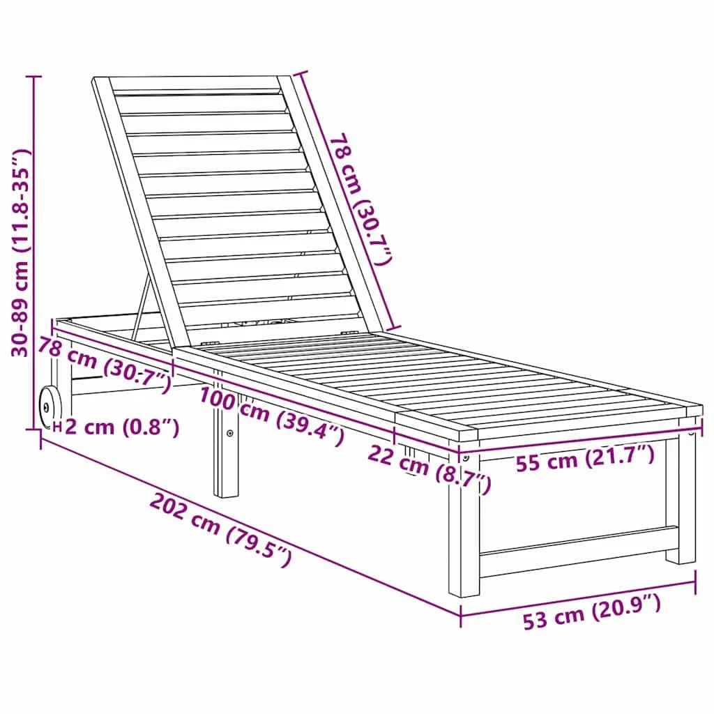 Brown Acacia Wood Reclining Sun Lounger for Patio