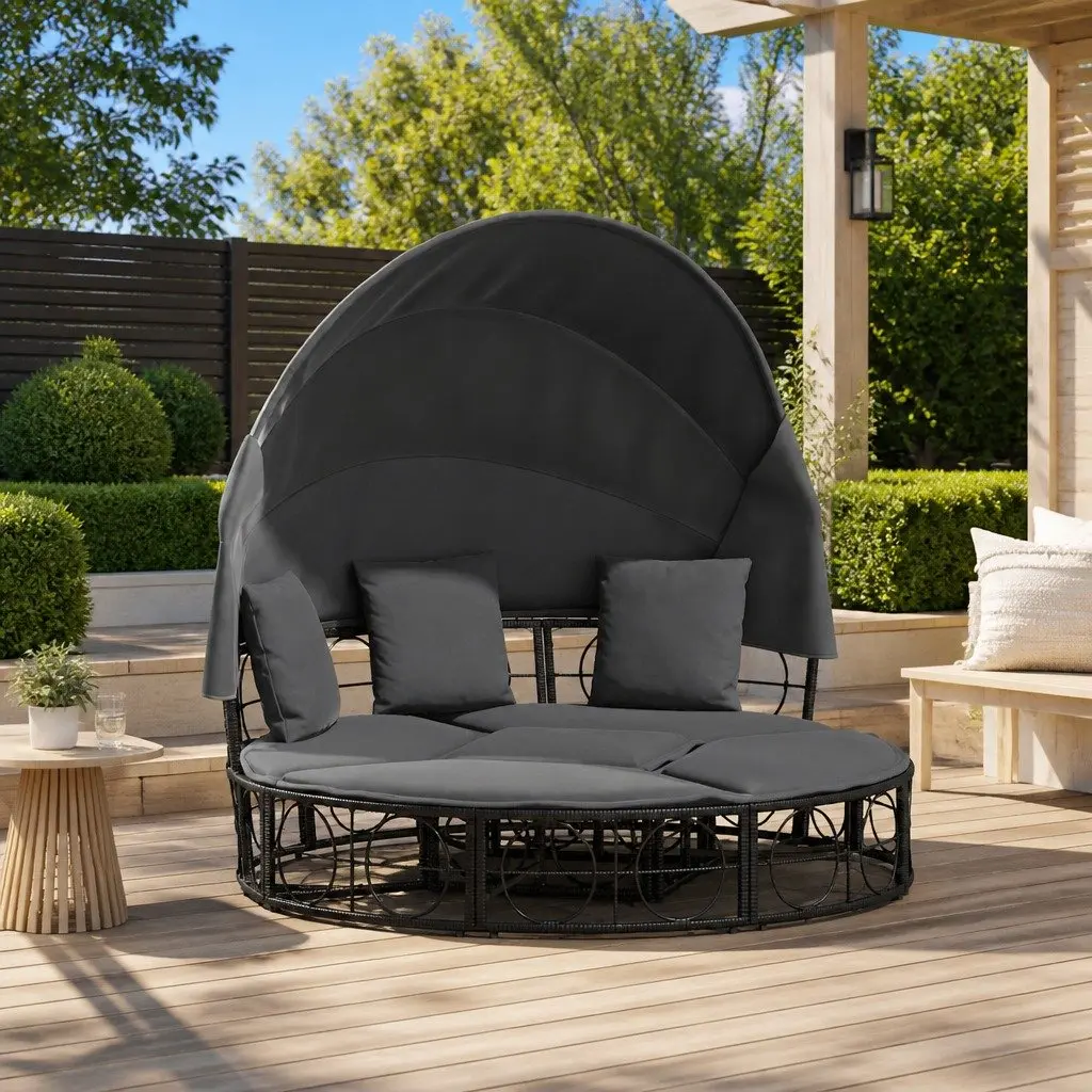 Outdoor Lounge Bed with Canopy and Cushions
