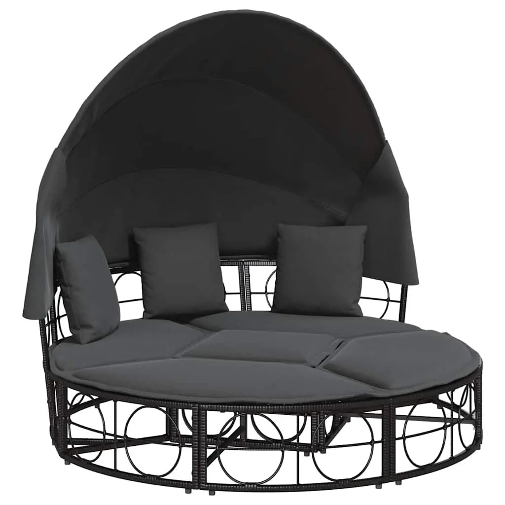 Outdoor Lounge Bed PE Rattan Modular Black with Canopy and Cushions
