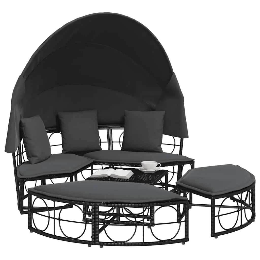 Outdoor Lounge Bed PE Rattan Modular Black with Canopy and Cushions
