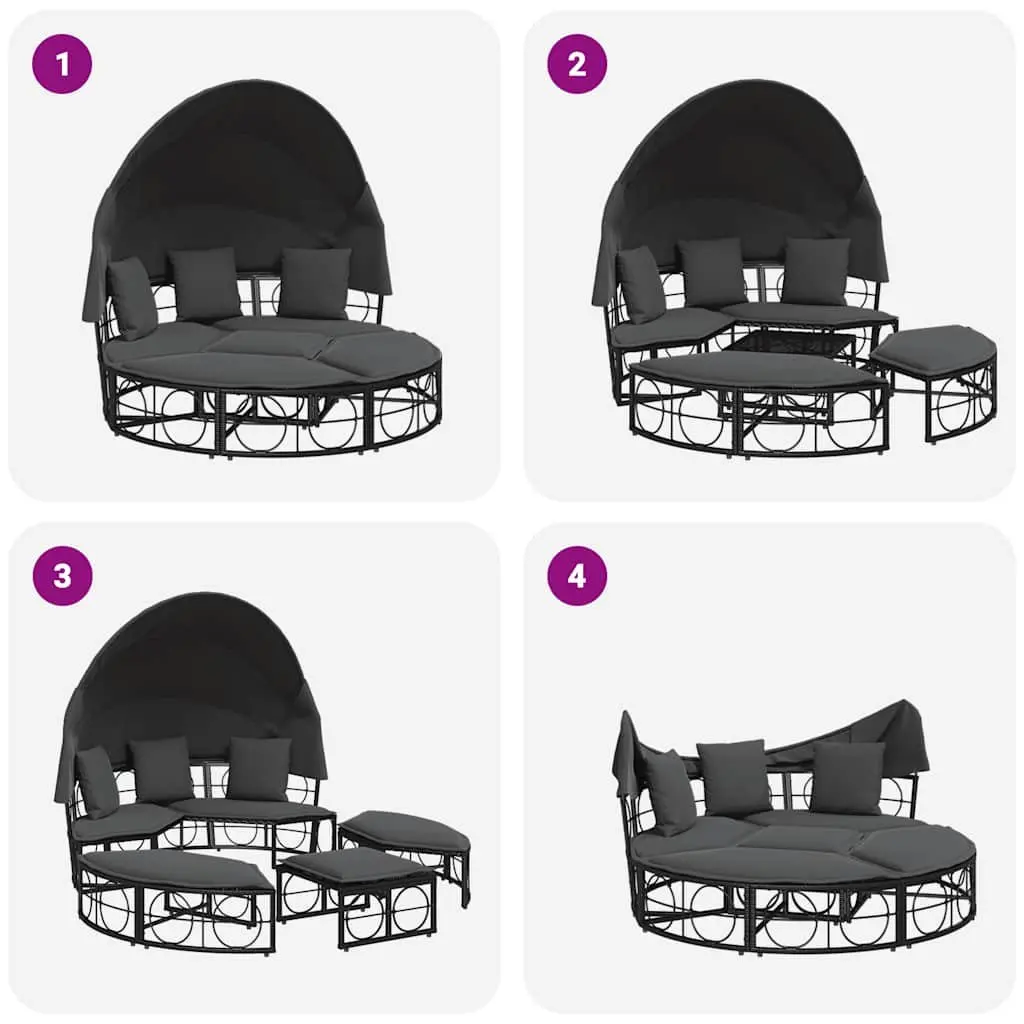 Outdoor Lounge Bed PE Rattan Modular Black with Canopy and Cushions