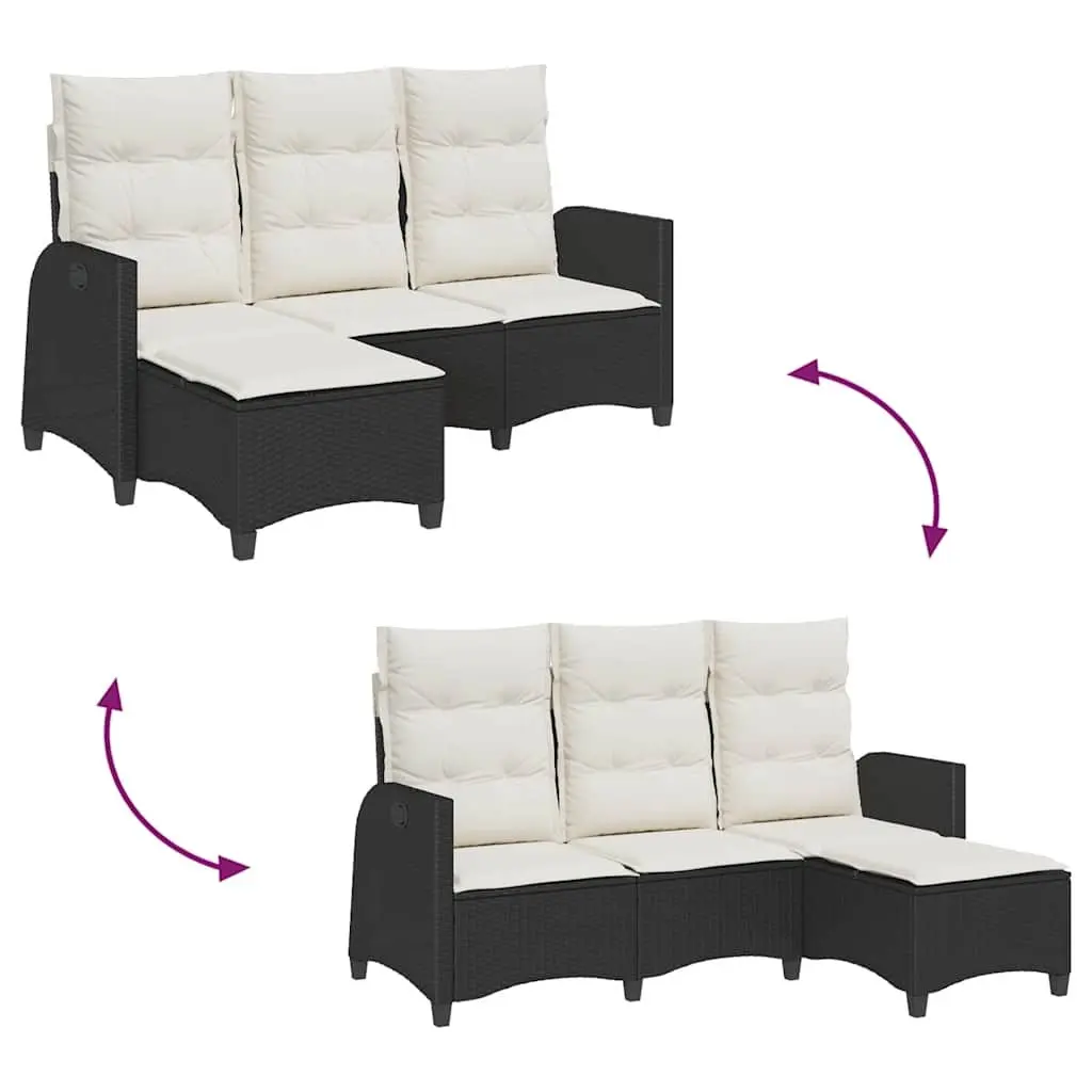 Reclining Garden Sofa PE Rattan L-shaped Outdoor Seating Black with Cushions