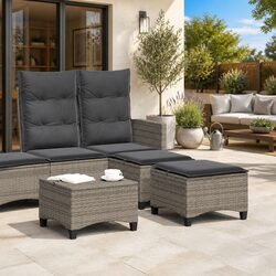 Durable Grey Rattan Garden Stools with Cushions - 2 pcs