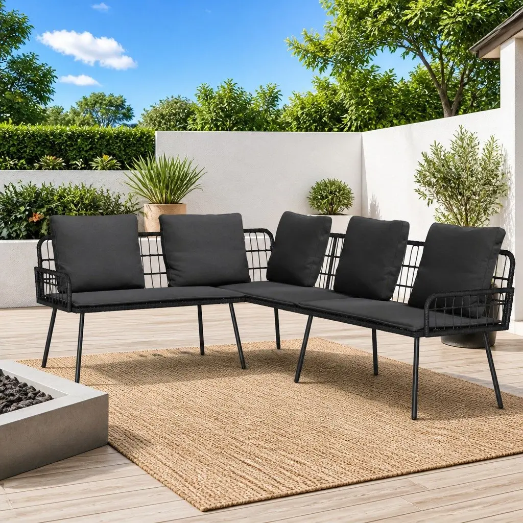 L-Shaped Sofa Steel Frame Black Poly Rattan Cushion 173 x 231 x 90 cm