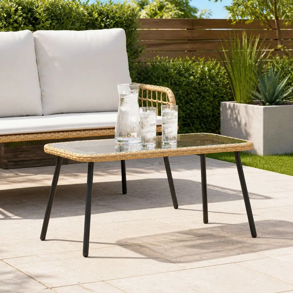 Brown Poly Rattan Coffee Table with Glass Top