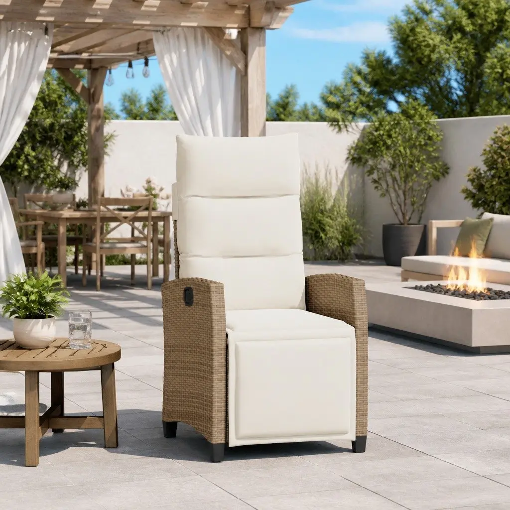 Beige Adjustable Outdoor Reclining Garden Chair with Table
