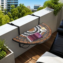 Hanging Balcony Table Semi-Circular Mosaic Ceramic Top Foldable Outdoor Deck