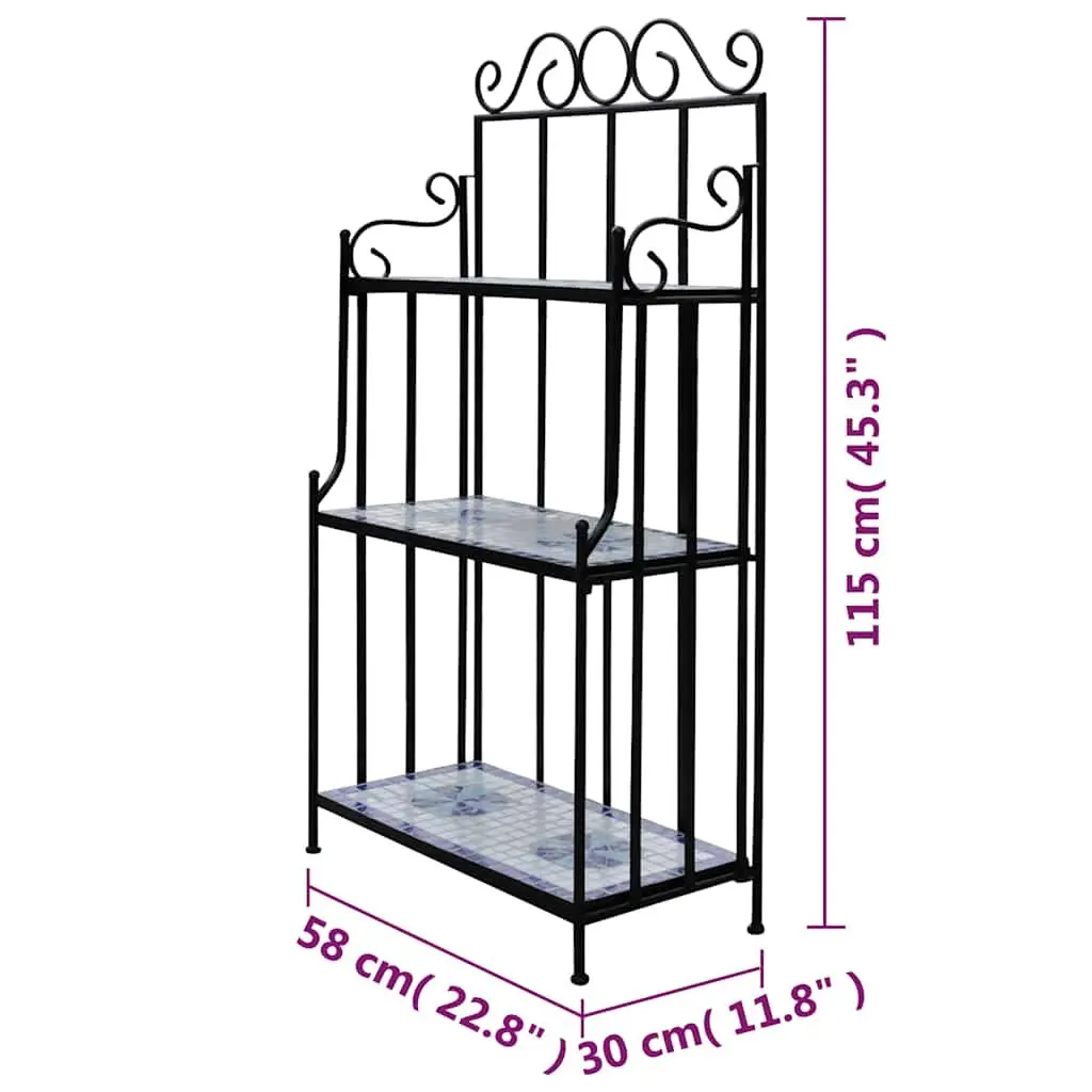 Plant Stand Iron Frame Mosaic Ceramic 3-Tier Display Rack Blue White