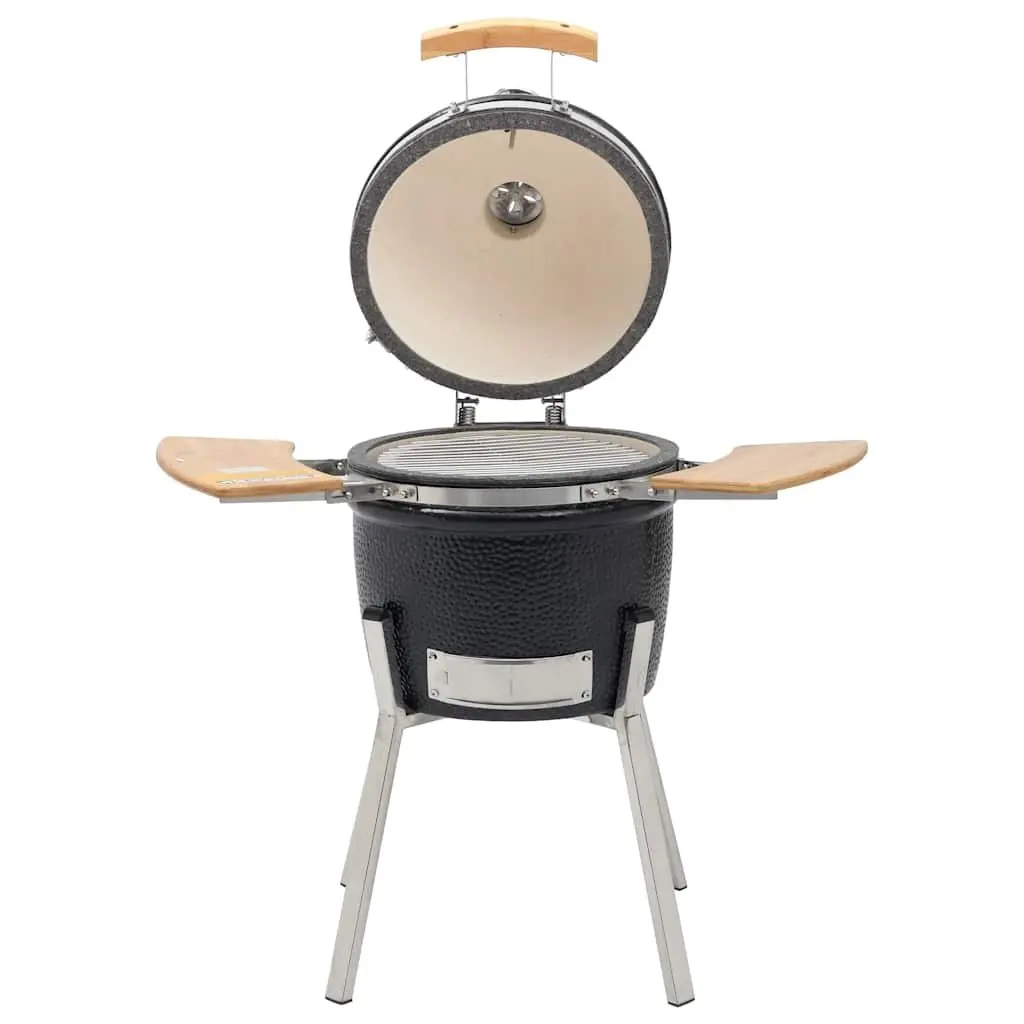 Ceramic Barbecue Grill Smoker 33cm Black Outdoor Cooking with Hinged Lid Thermometer and Side Shelves