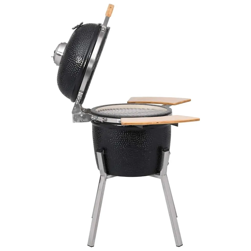 Ceramic Barbecue Grill Smoker 33cm Black Outdoor Cooking with Hinged Lid Thermometer and Side Shelves