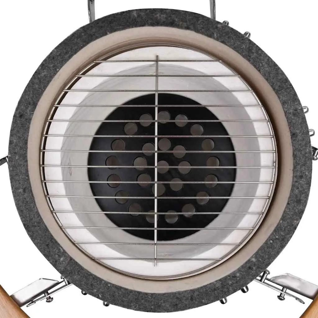 Ceramic Barbecue Grill Smoker 33cm Black Outdoor Cooking with Hinged Lid Thermometer and Side Shelves