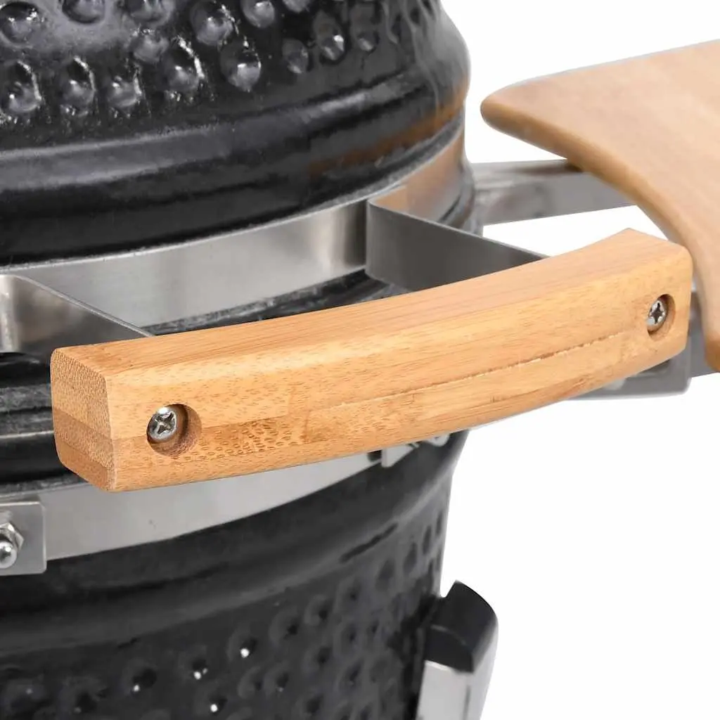 Ceramic Barbecue Grill Smoker 33cm Black Outdoor Cooking with Hinged Lid Thermometer and Side Shelves