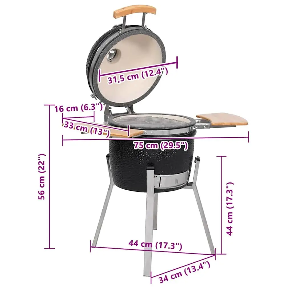 Ceramic Barbecue Grill Smoker 33cm Black Outdoor Cooking with Hinged Lid Thermometer and Side Shelves