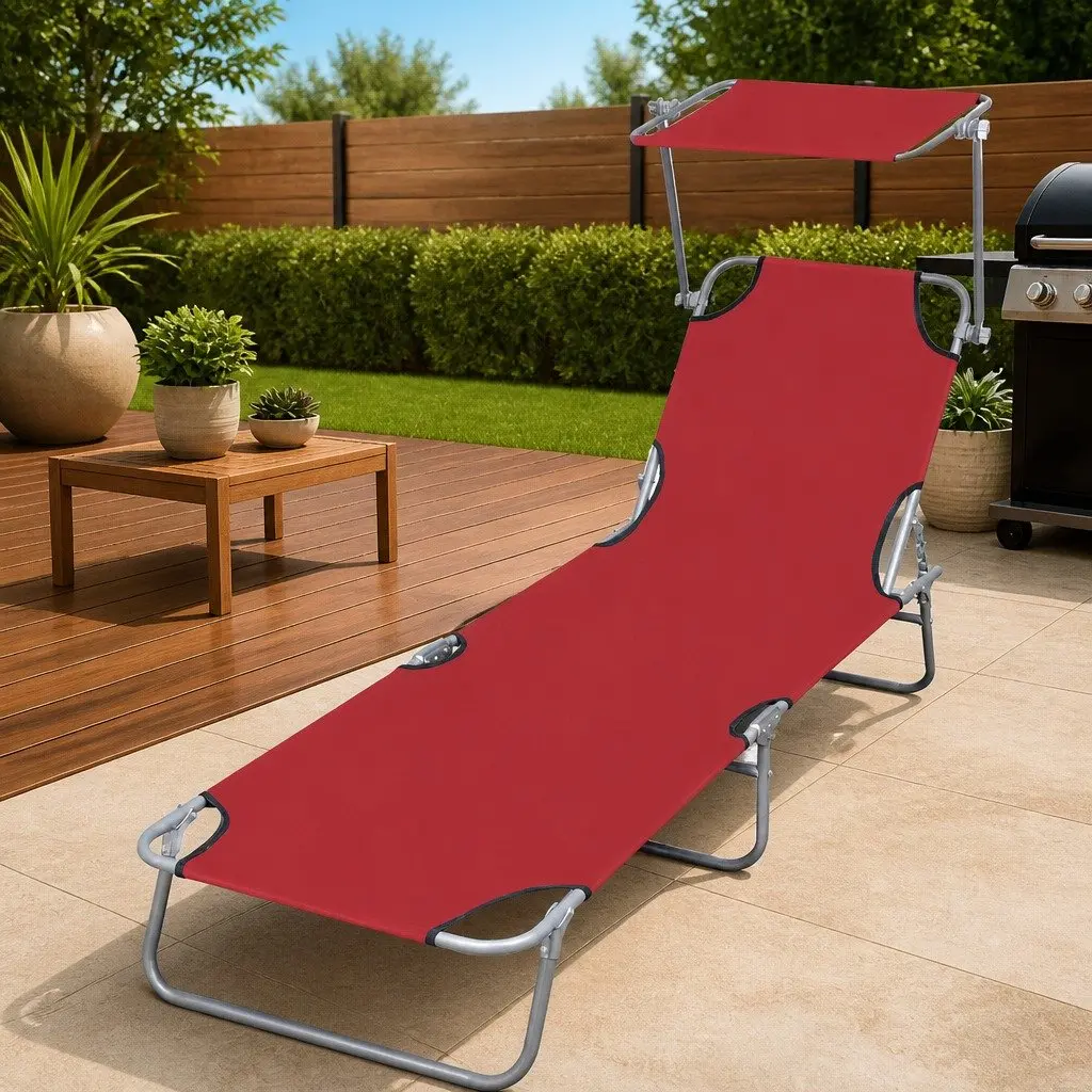 Folding Sun Lounger with Adjustable Canopy in Red