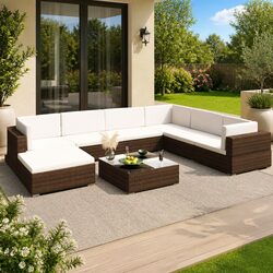 Premium 8 Piece Outdoor Lounge Set in Brown Poly Rattan