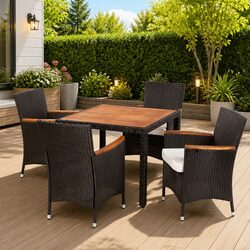 Outdoor Dining Set 5 Piece Poly Rattan Table 4 Chairs with Cushions Black