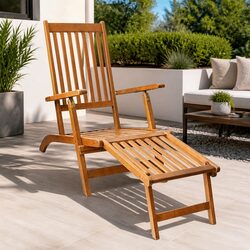Sturdy Acacia Wood Deck Chair with Footrest 5-Position Lounger