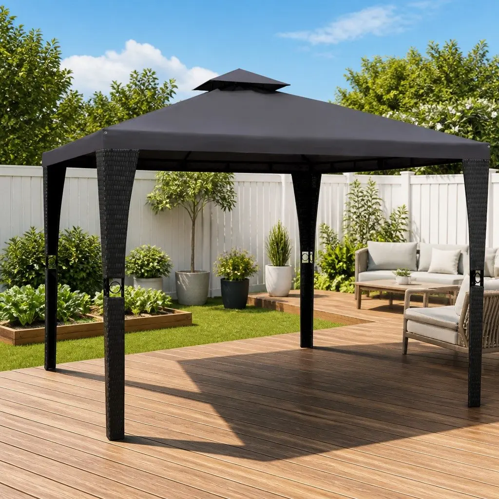 3x3m Outdoor Gazebo with Grey Poly Rattan Canopy
