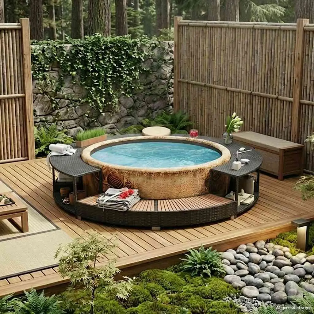 Black Poly Rattan Hot Tub Surround with Storage