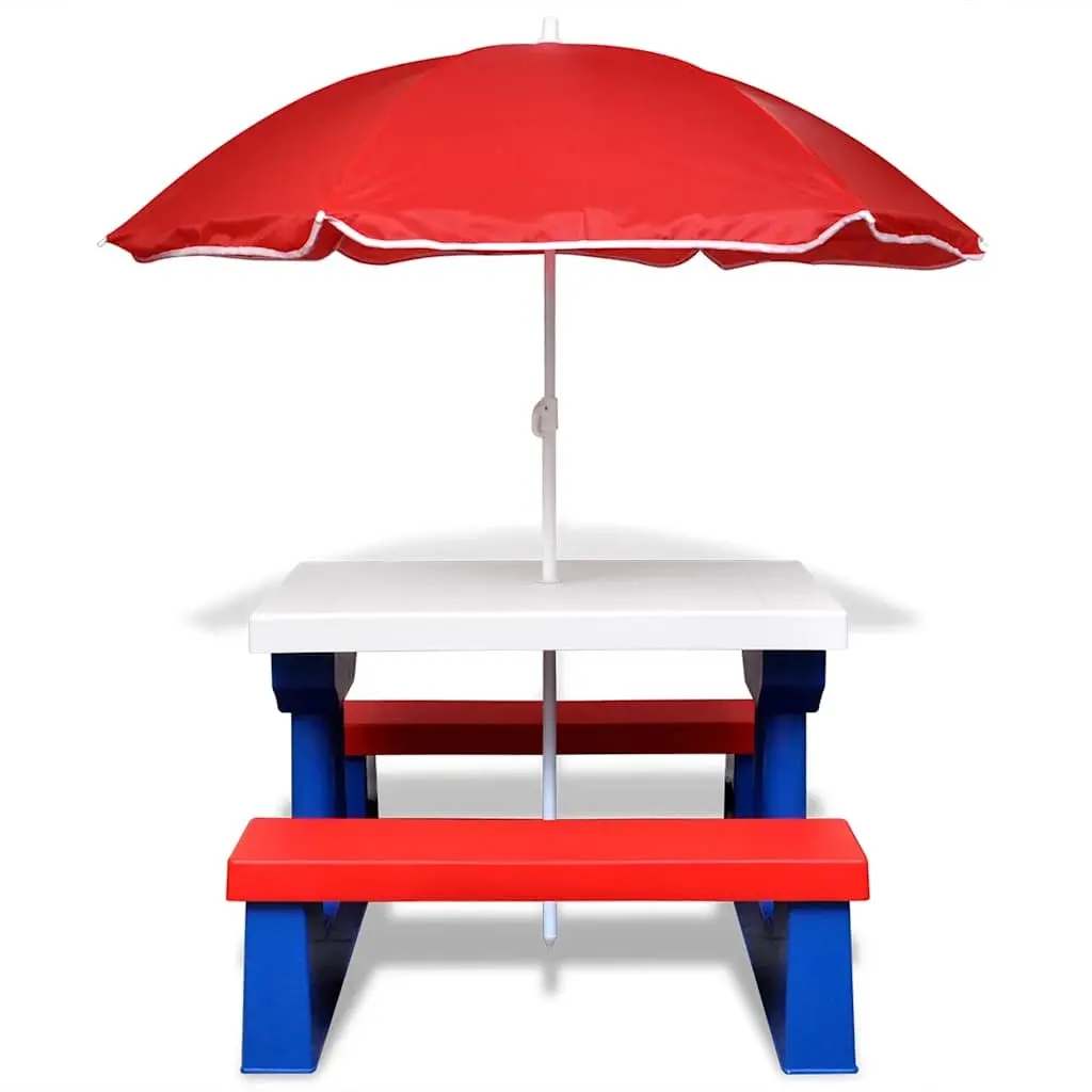 Kids Outdoor Garden Furniture Multicolour Picnic Table Set with Benches and Parasol