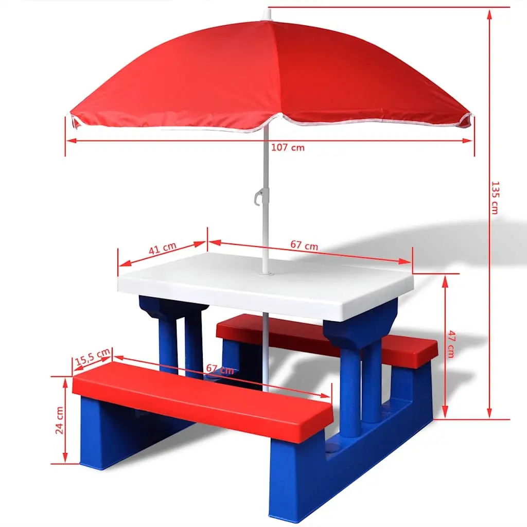 Kids Outdoor Garden Furniture Multicolour Picnic Table Set with Benches and Parasol