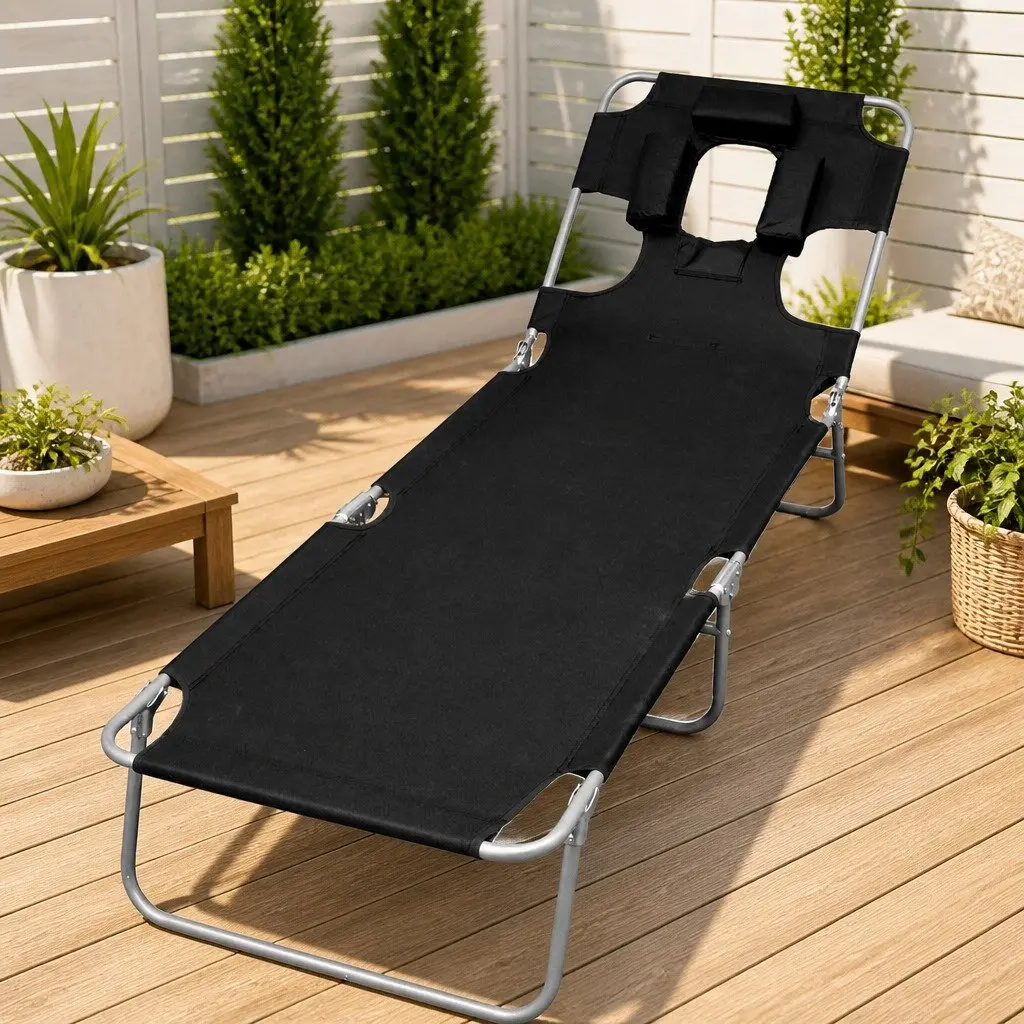 Black Folding Sun Lounger with Adjustable Backrest
