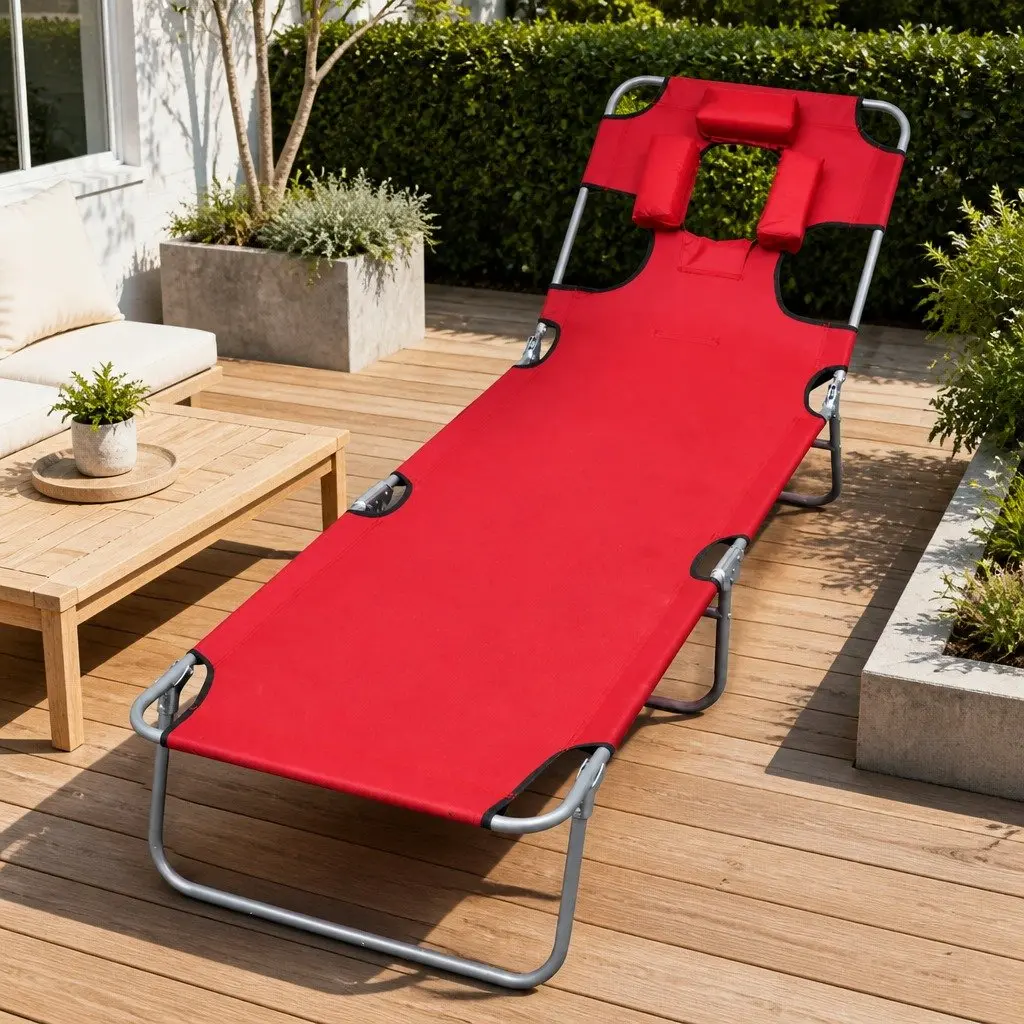 Folding Sun Lounger with Head Cushion in Red