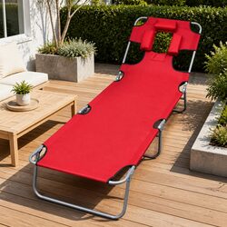 Durable Folding Sun Lounger with Head Cushion in Red