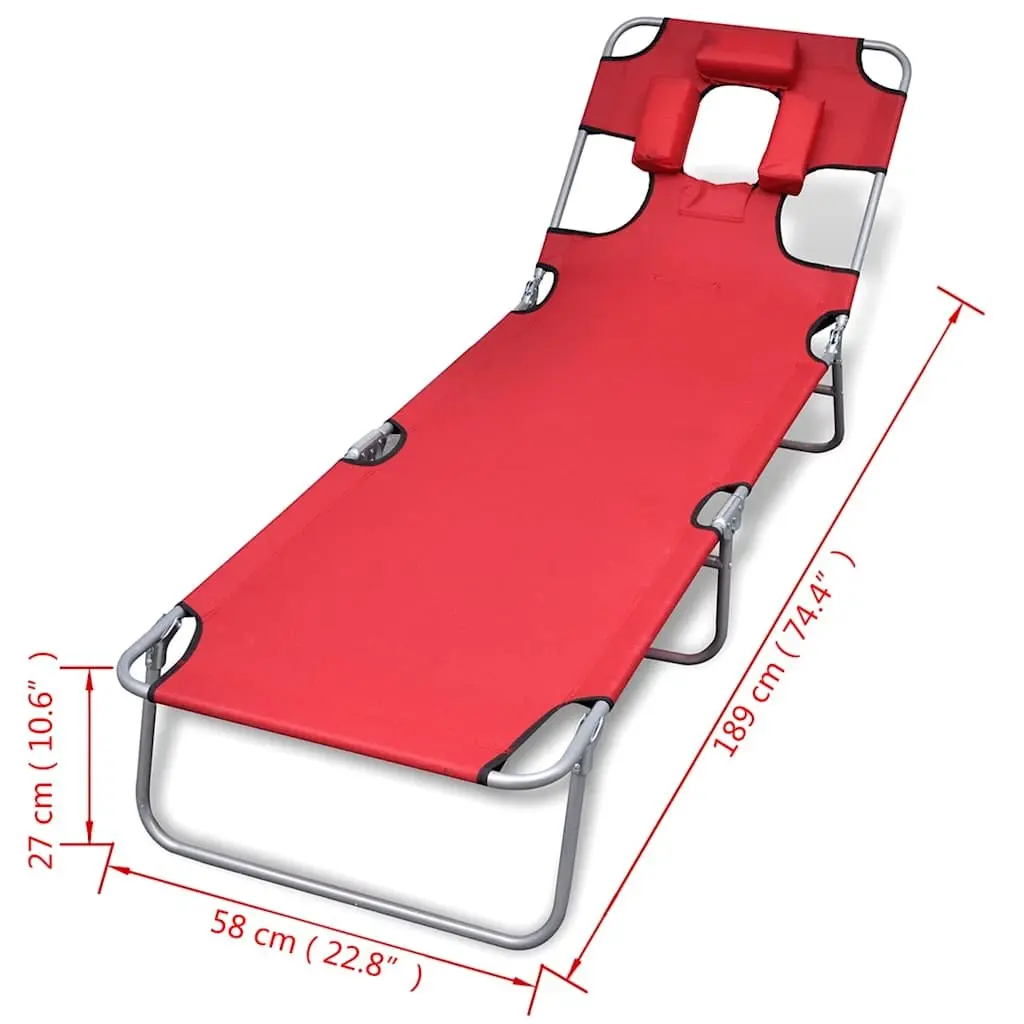 Folding Sun Lounger with Head Cushion in Red