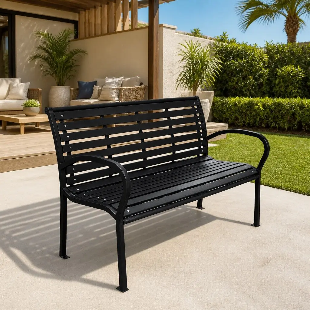 Garden Bench Steel Frame 120cm Black WPC Slats