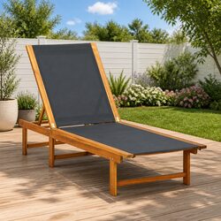 Adjustable Brown Acacia Wood Sun Lounger with Textilene