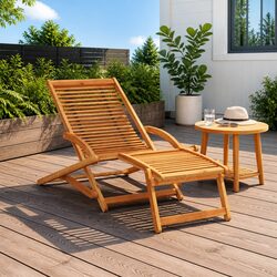 Durable Wooden Sun Lounger with Footrest for Comfort