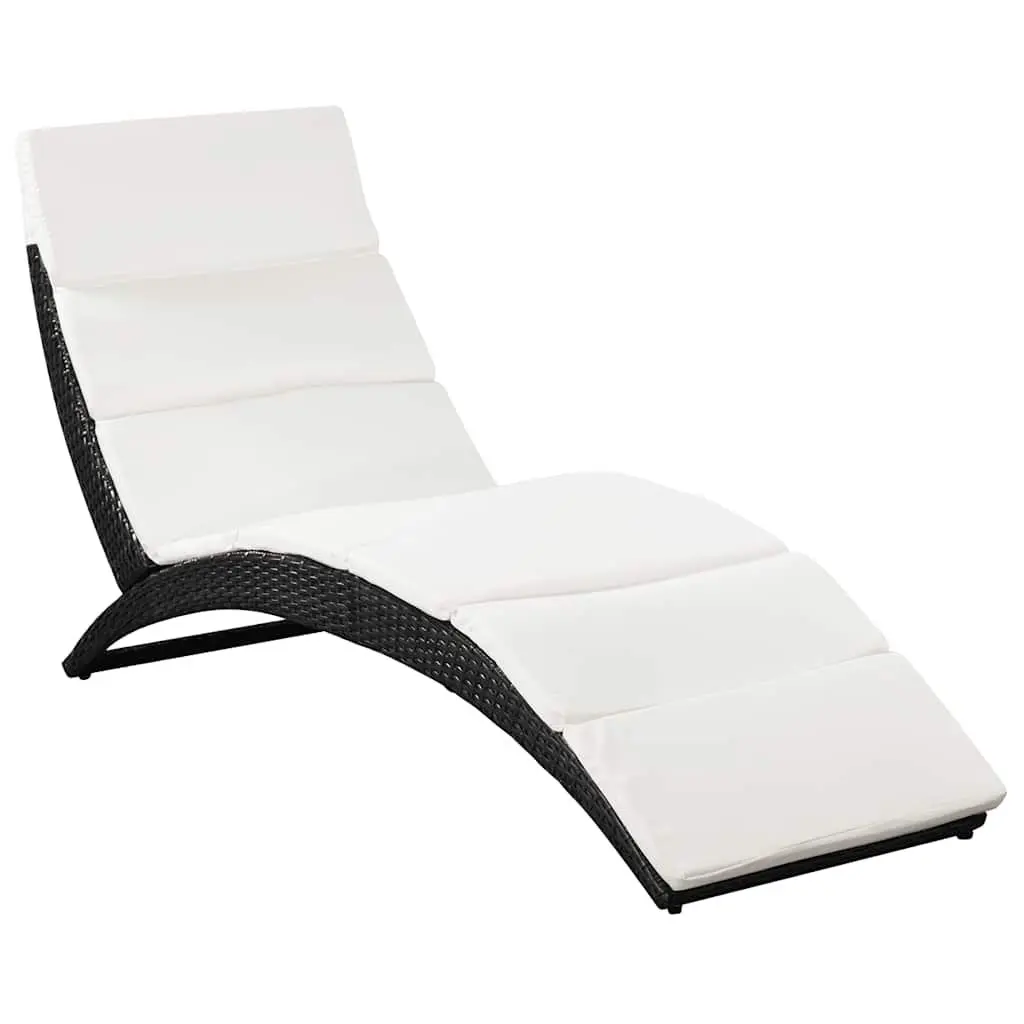 Sun Lounger PE Rattan Folding Black with Cream White Cushion