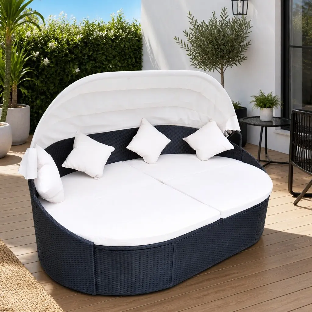 Outdoor Lounge Bed with Canopy Sun Lounger Garden Patio Daybed Rattan