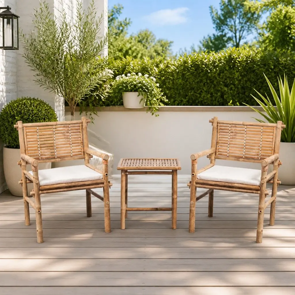 3 Piece Bistro Set Bamboo Brown Outdoor Table Chairs with Seat Cushions