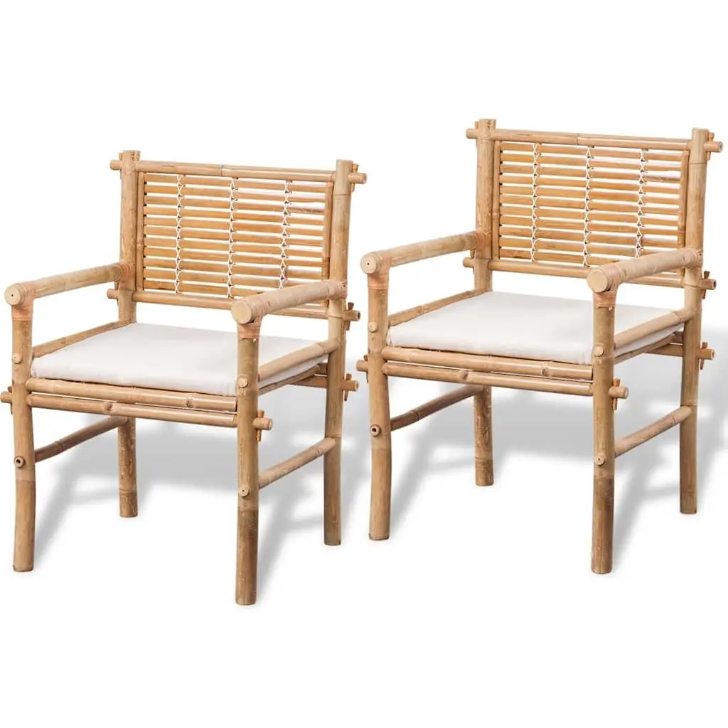 3 Piece Bistro Set Bamboo Brown Outdoor Table Chairs with Seat Cushions