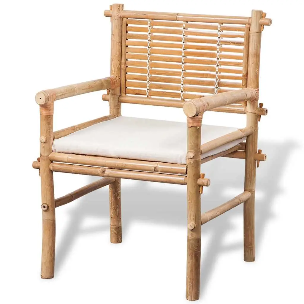3 Piece Bistro Set Bamboo Brown Outdoor Table Chairs with Seat Cushions