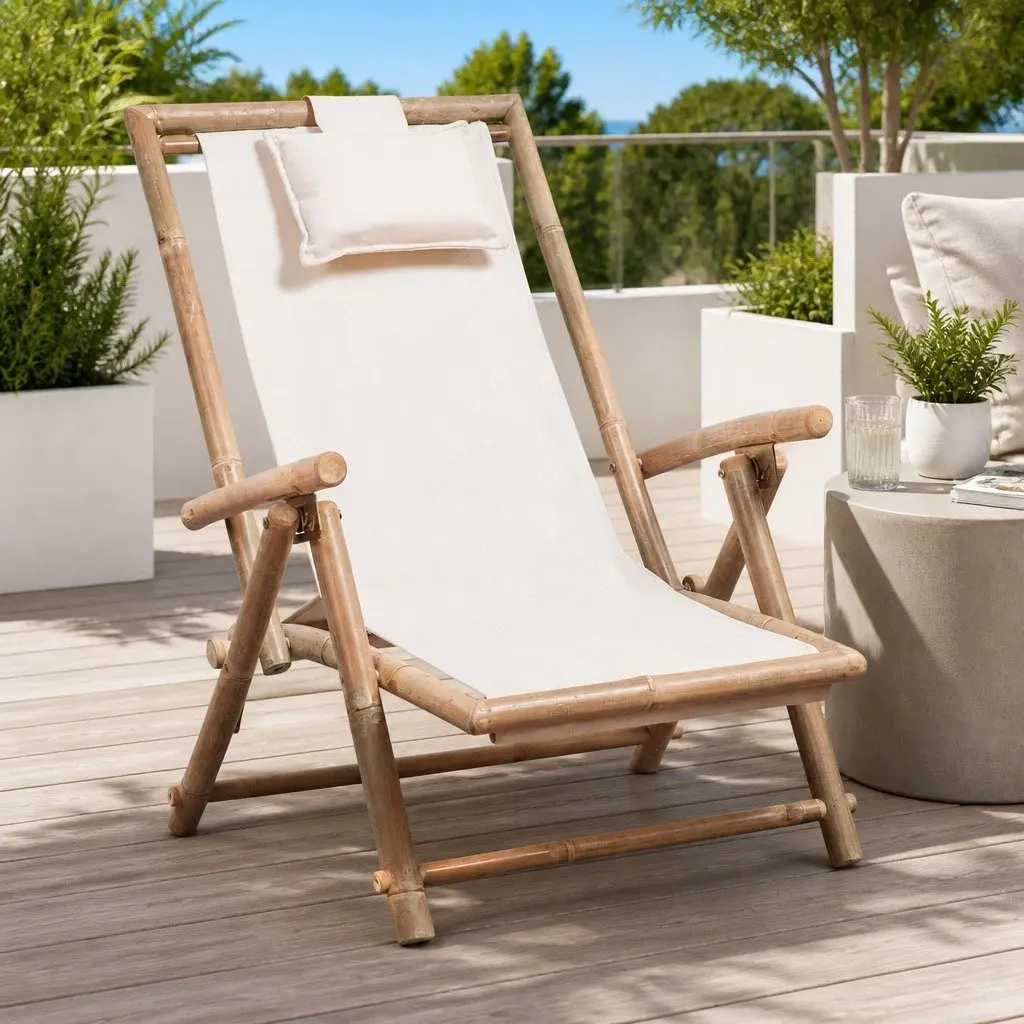 Bamboo Frame Folding Deck Chair with Adjustable Backrest