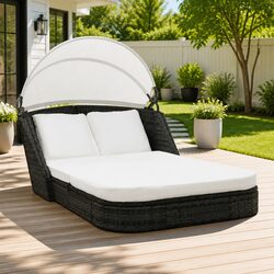 Black Poly Rattan Sun Lounger with Canopy for Outdoors