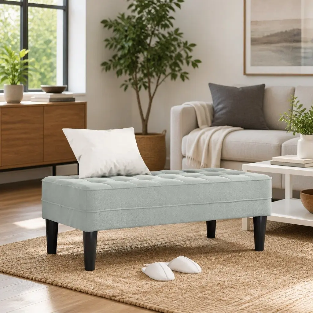 Light Grey Modern Velvet Ottoman Bench with Cushion