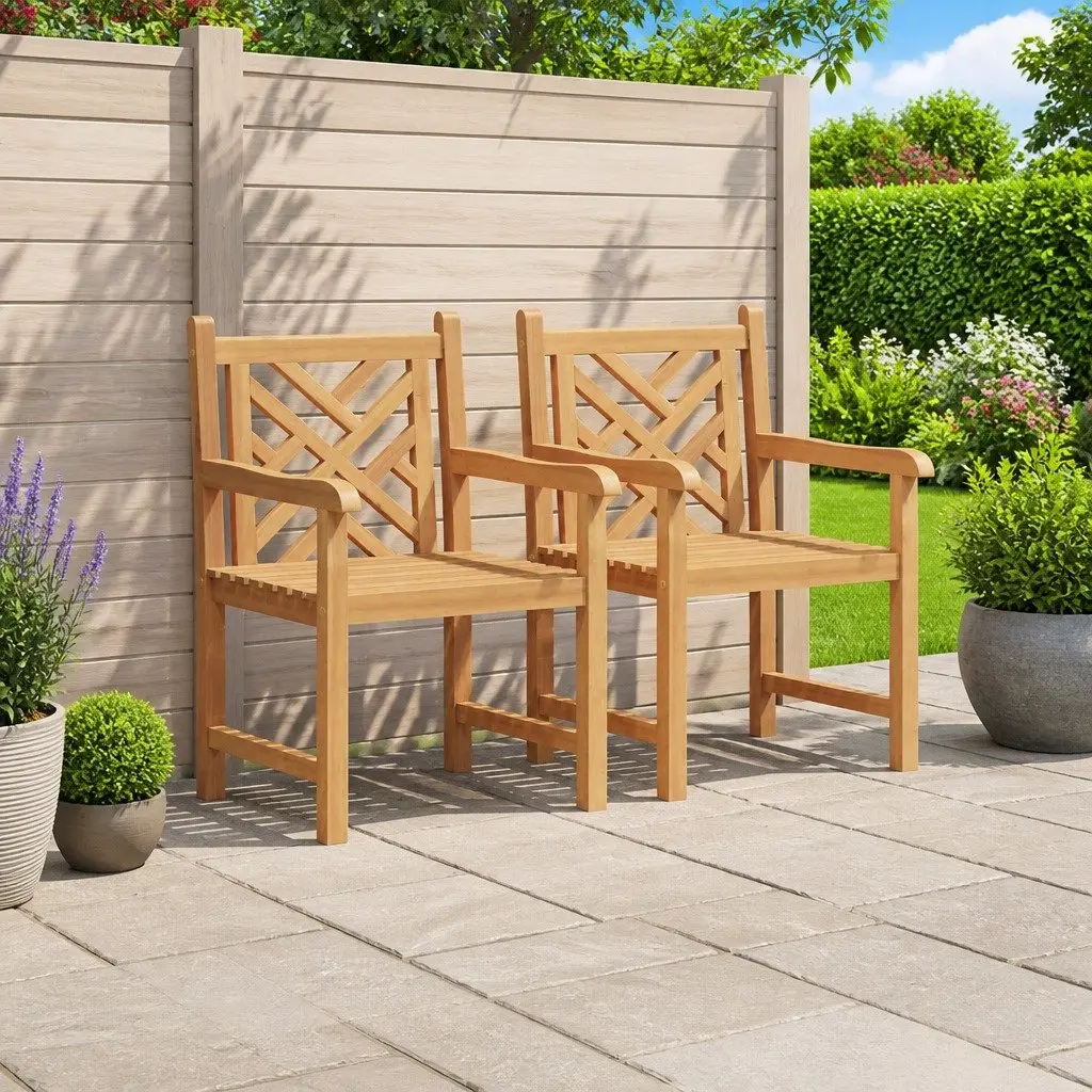 Outdoor Garden Chair 2 pcs Brown Solid Teak Wood Armchair Patio Seating Set