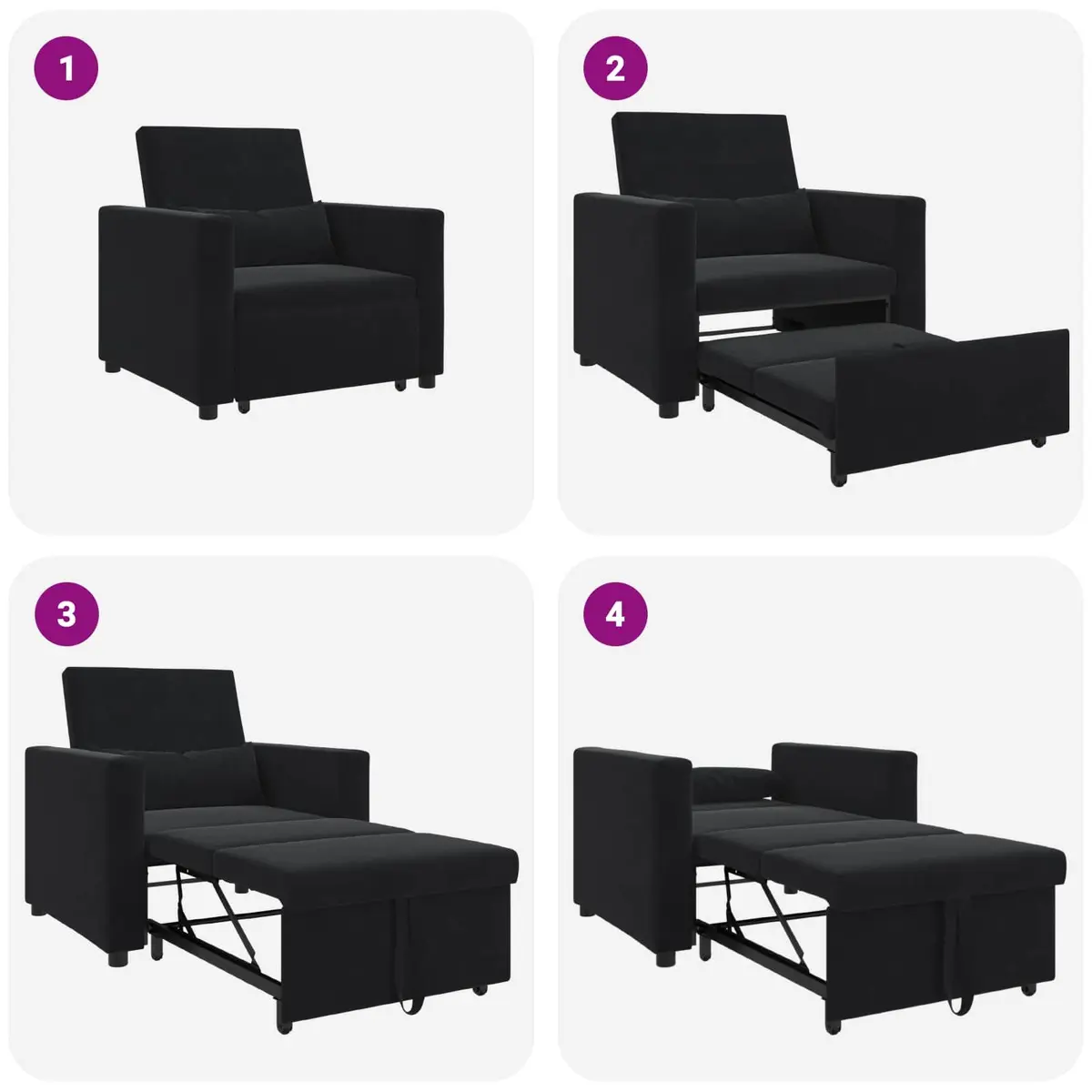 Convertible Black Velvet Single Sofa Bed Recliner