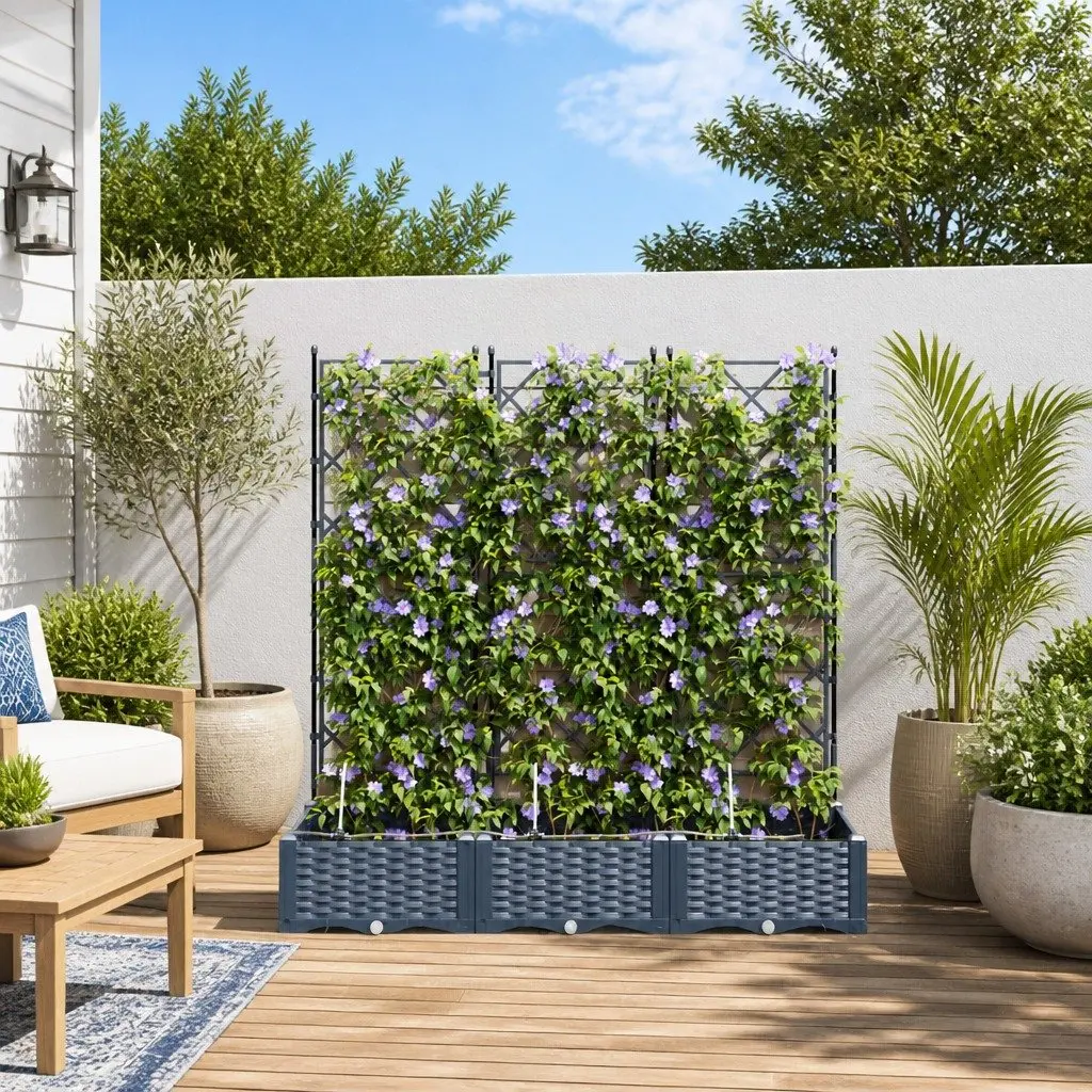 Garden Planter Set 3 pcs Grey Outdoor Terrace Large Modern Polypropylene