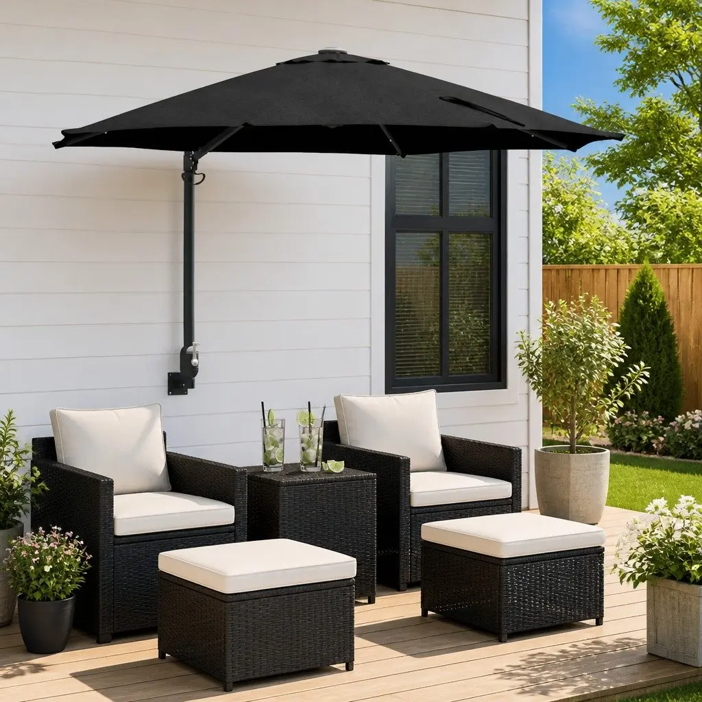 Garden Parasol Polyester 248cm Black Outdoor Shade Umbrella with Tilt and Solar LED Lights