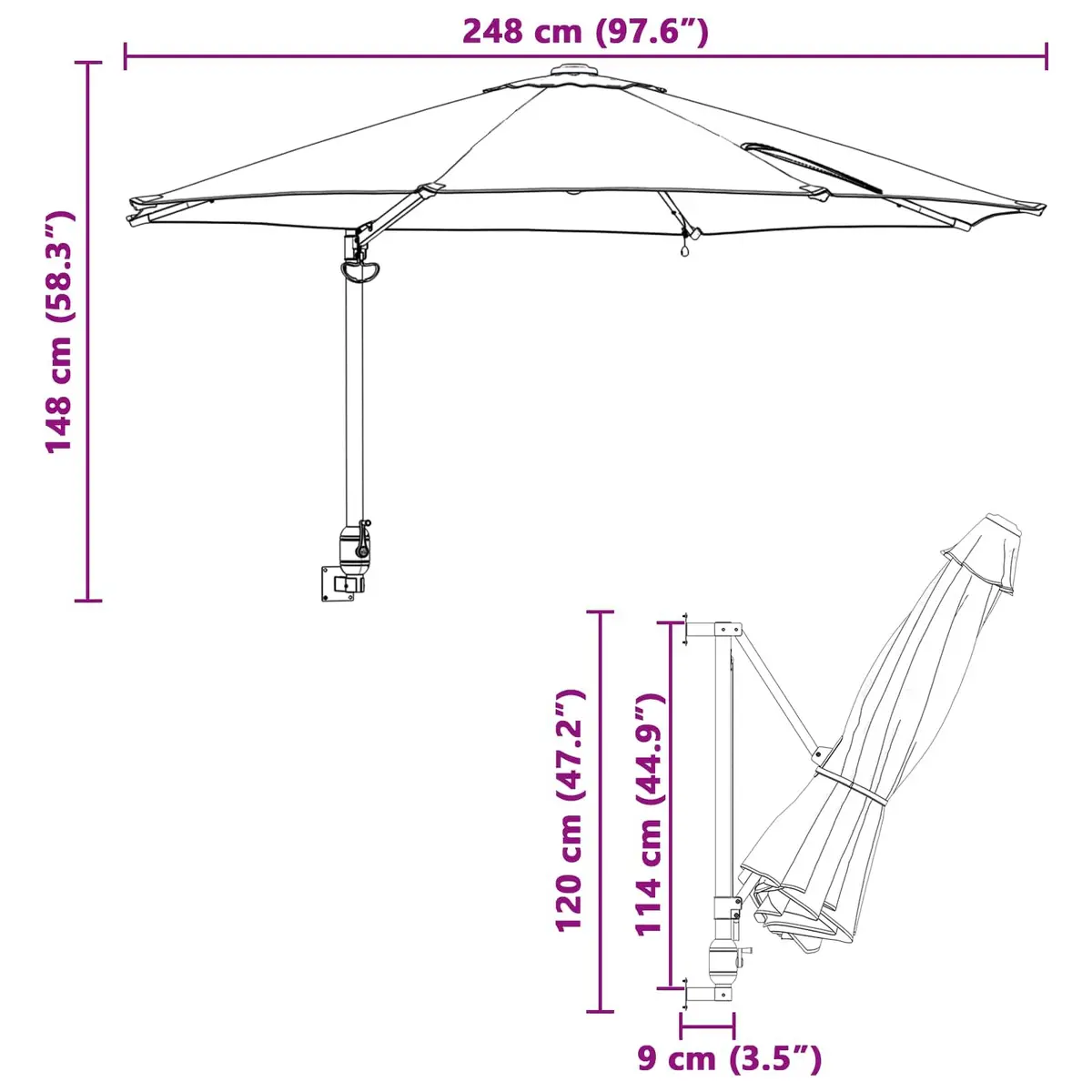 Garden Parasol Polyester 248cm Black Outdoor Shade Umbrella with Tilt and Solar LED Lights