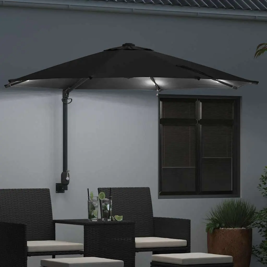Garden Parasol Polyester 248cm Black Outdoor Shade Umbrella with Tilt and Solar LED Lights