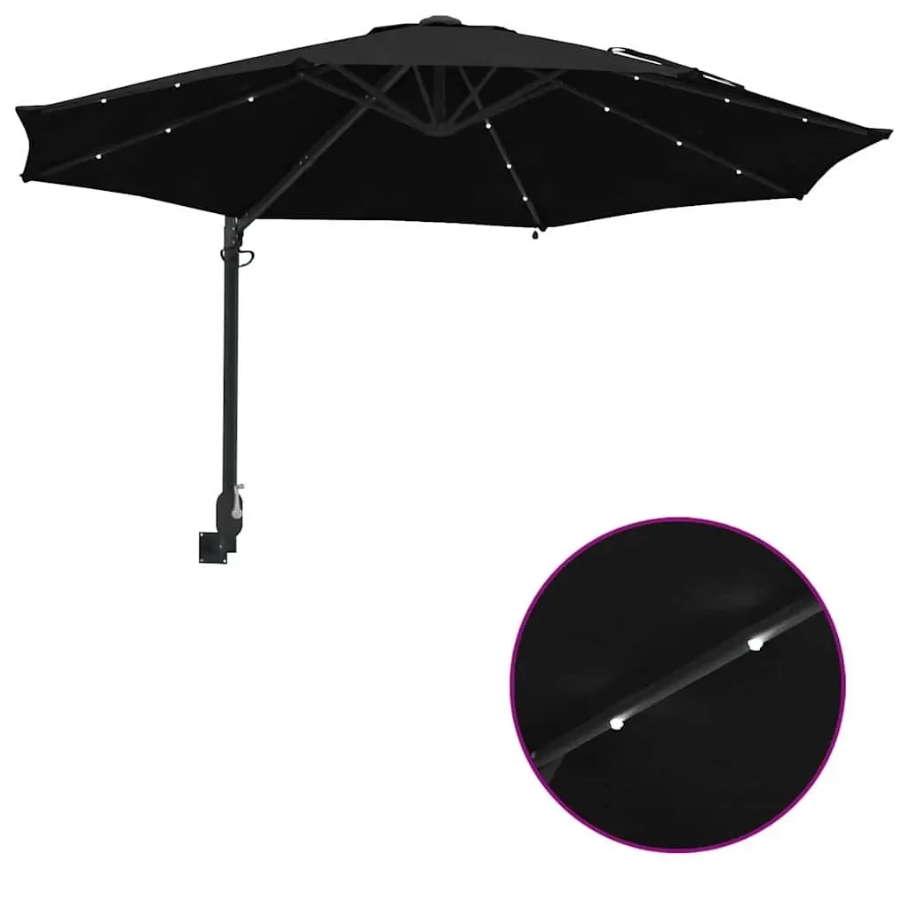 Garden Parasol Polyester 248cm Black Outdoor Shade Umbrella with Tilt and Solar LED Lights
