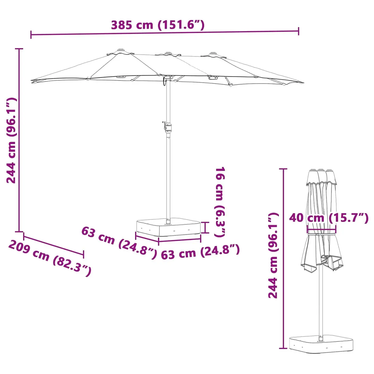 Garden Parasol Polyester 385 x 209 x 244 cm Anthracite