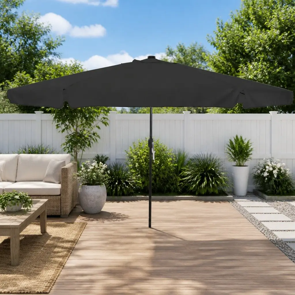 Garden Parasol Polyester 395cm Square Black Canopy with LED Lighting Crank Handle